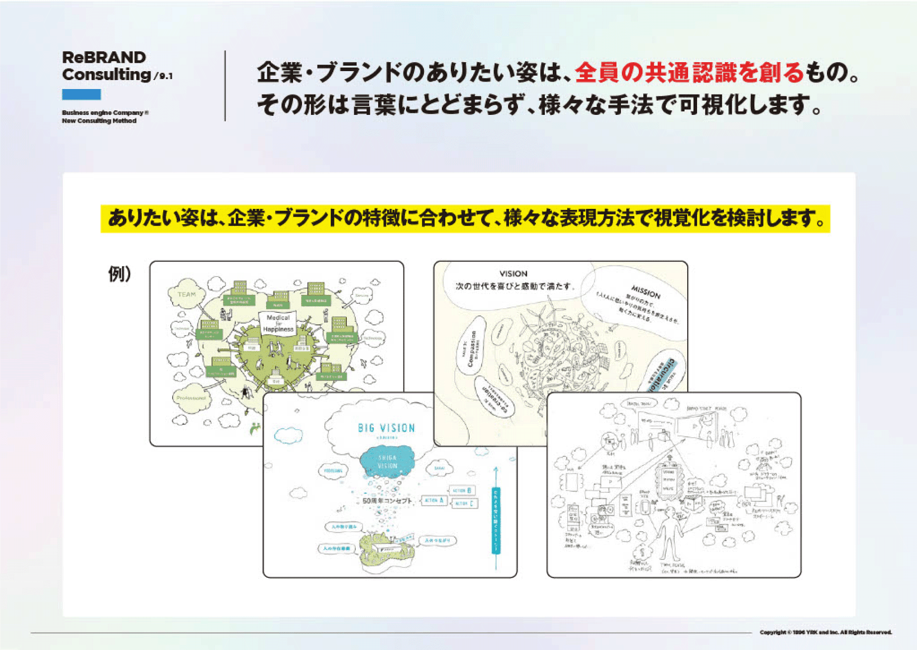 企業・ブランドのありたい姿は、全員の共通認識を創るもの。その形は言葉にとどまらず、様々な手法で可視化します。